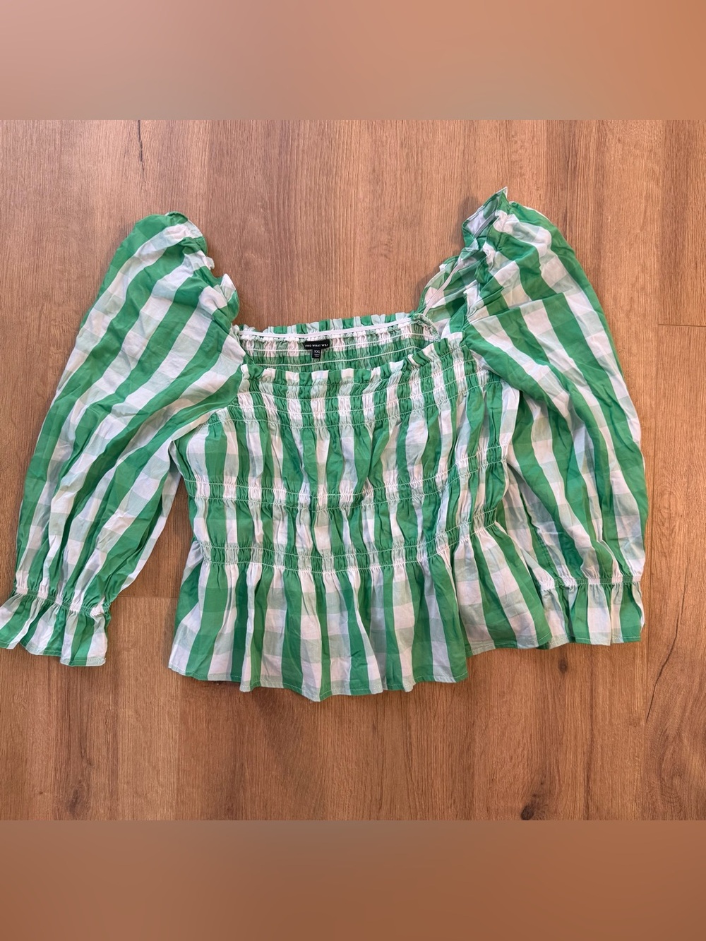 Who What Wear Green and White Striped Smocked Puff Sleeve Top